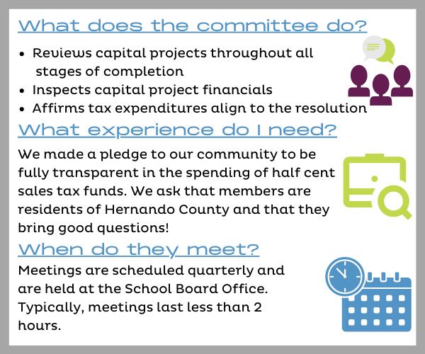 What does the committee do? •	Reviews capital projects throughout all stages of completion •	Inspects capital project financials  •	Affirms tax expenditures align to the resolution