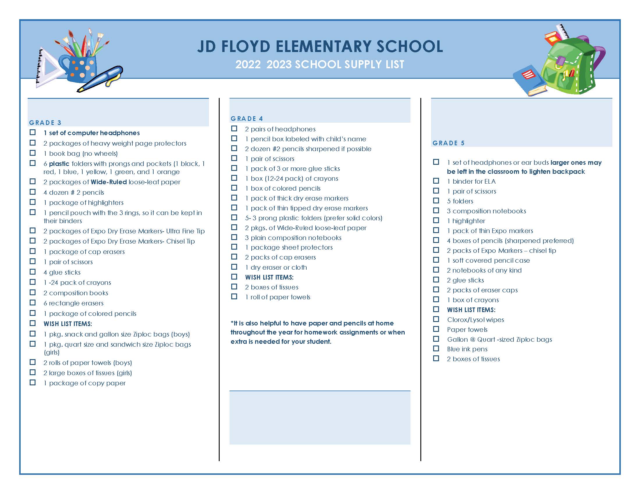 school supply list 3-5
